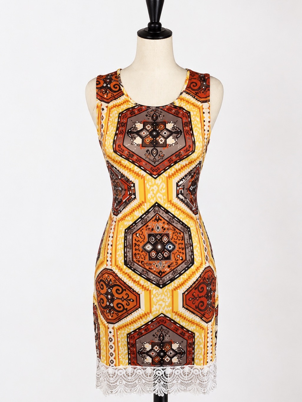 White Mark Yellow Orange Geometric Lace-Hem Midi Dress